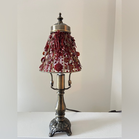 Vintage Red Glass Beaded Table Lamp with Bronze Base - Picture 2 of 6